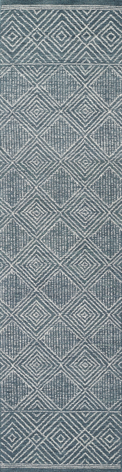 Blue-gray rug with cream diamond pattern; woven geometric lattice in boho/tribal style.