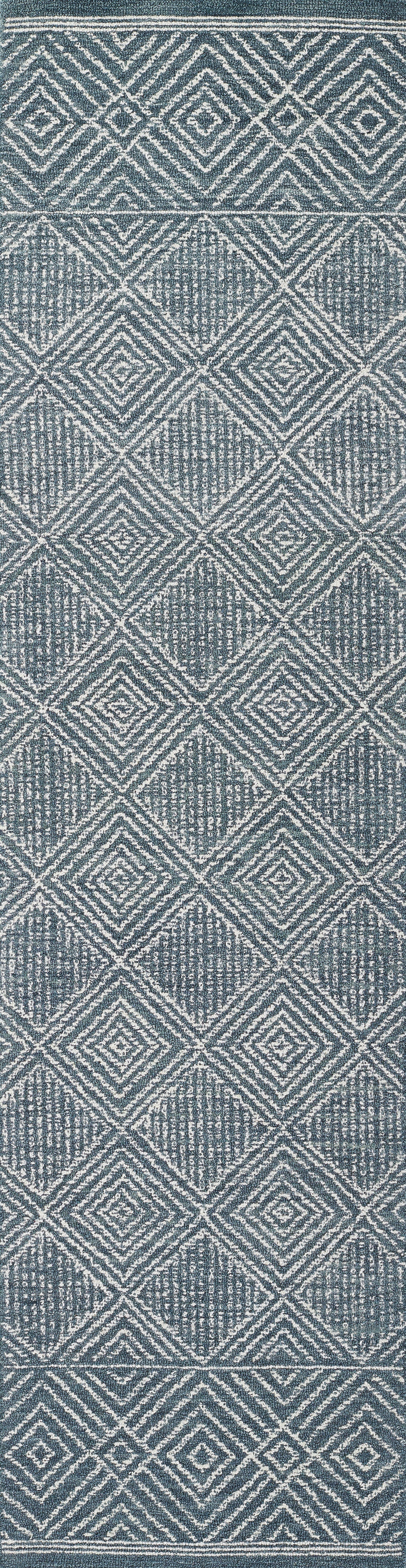 Teal-blue woven runner rug with white diamond lattice pattern and textured weave.