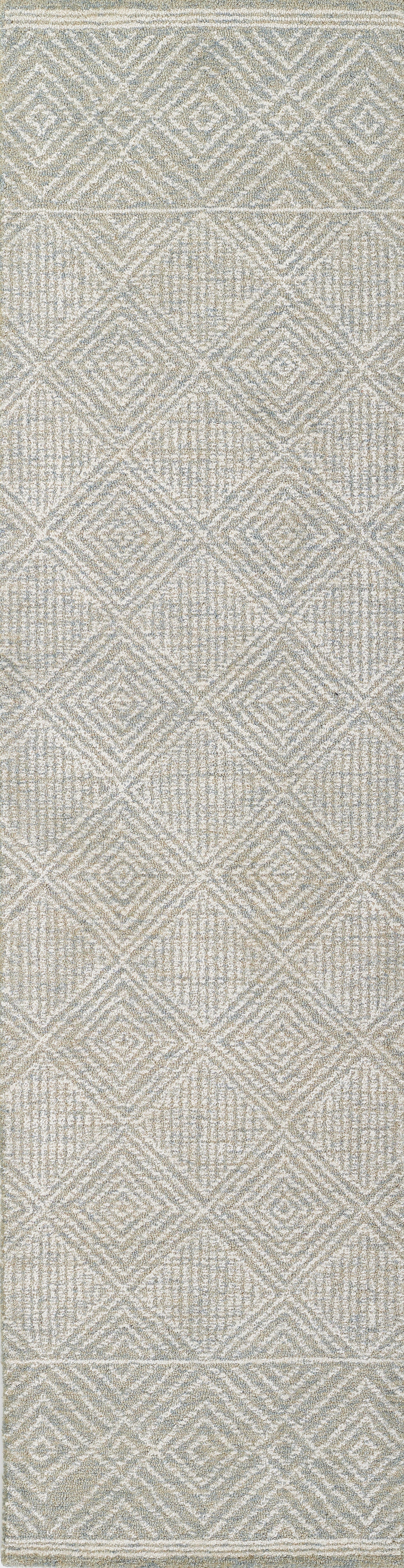 Gray woven rug with subtle white diamond lattice pattern; rectangular, contemporary style for living room or office.
