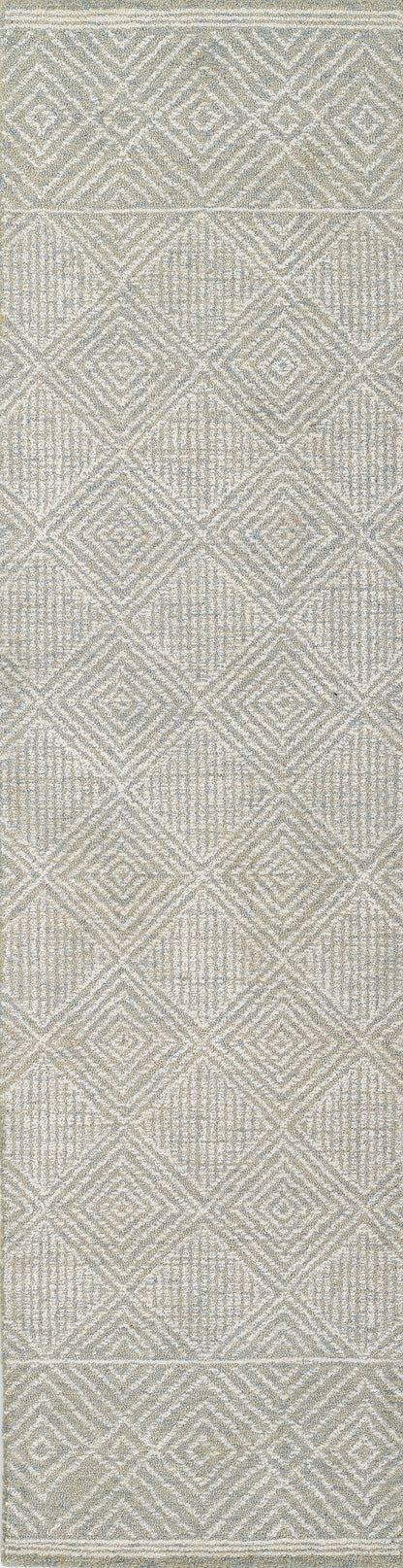 Gray-beige woven rug with a geometric diamond lattice pattern, 4' x 6' rug.