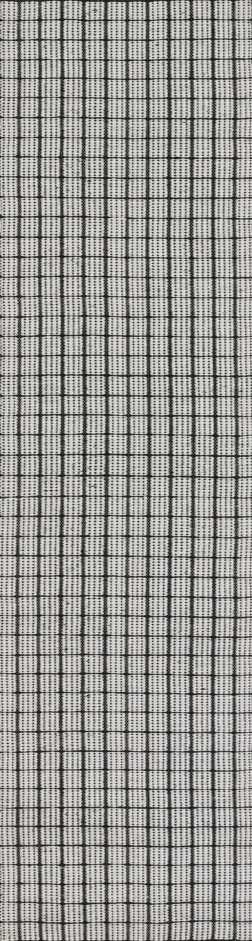 Close-up of black plaid rug swatch with thin vertical and horizontal lines on a light gray background