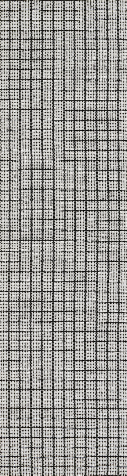 Close-up of black plaid rug swatch with thin vertical and horizontal lines on a light gray background