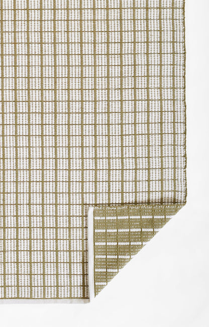 Rectangular beige-brown woven rug (4' x 6') with a small square grid pattern; folded corner.
