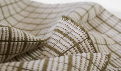 Beige woven rug with a brown checkered grid pattern and soft folds.