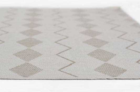 Beige ivory geometric rug with diamond and zigzag pattern; woven flat-weave textile for modern floor decor.