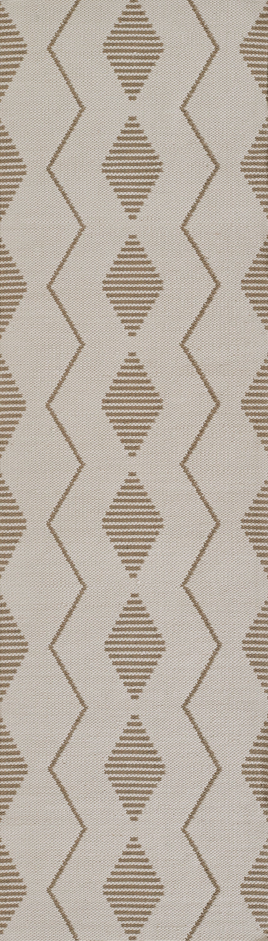 Beige linen-like fabric with brown diamond motifs and slim zigzag borders; retro geometric textile.