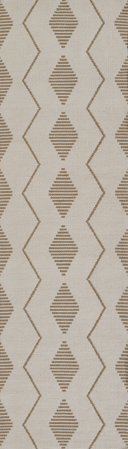 Beige textile wallpaper with vertical rows of brown diamond shapes, each with inner striped shading; geometric, rustic style.