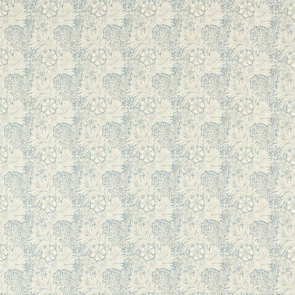 Morris & Co. Marigold Outdoor Fabric in Mineral Blue showcasing an elegant floral pattern with flowing leaves and detailed blossoms inspired by William Morris's 1875 design. Premium performance fabric for indoor and outdoor upholstery, patio cushions, decorative pillows, drapery, window shades, porch seating, and garden furniture. UV resistant, water resistant, antimicrobial, colorfast, and easy to clean.