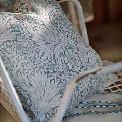Morris & Co. Marigold Outdoor Fabric in Mineral Blue featuring the iconic William Morris floral design with swirling leaves and blossoms. Durable 100% polyester performance fabric with UV resistance, water resistance, antimicrobial, and colorfast properties for upholstery, cushions, pillows, drapes, shades, patios, and outdoor living spaces.