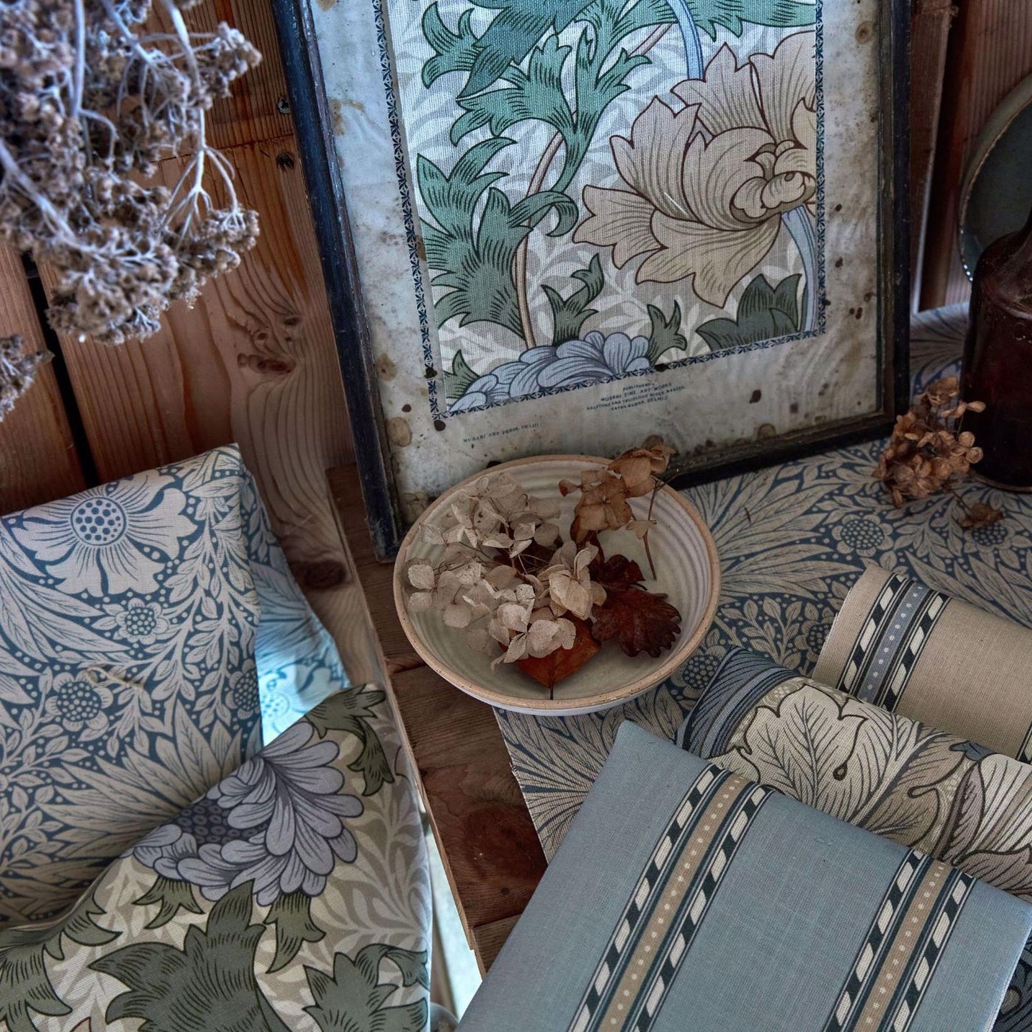 Morris & Co. Marigold Outdoor Fabric in Mineral Blue featuring the iconic William Morris floral design with swirling leaves and blossoms. Durable 100% polyester performance fabric with UV resistance, water resistance, antimicrobial, and colorfast properties for upholstery, cushions, pillows, drapes, shades, patios, and outdoor living spaces.