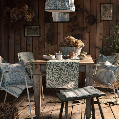Morris & Co. Marigold Outdoor Fabric in Mineral Blue featuring the iconic William Morris floral design with swirling leaves and blossoms. Durable 100% polyester performance fabric with UV resistance, water resistance, antimicrobial, and colorfast properties for upholstery, cushions, pillows, drapes, shades, patios, and outdoor living spaces.