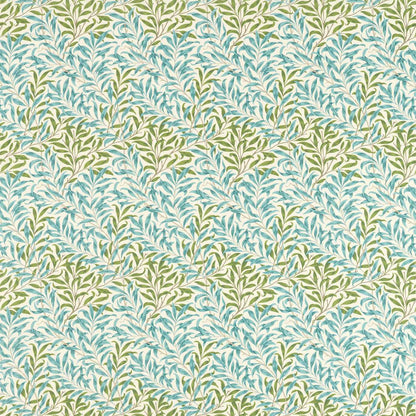 Morris and Co Willow Bough outdoor fabric Nettle Sky Blue, performance upholstery fabric with willow leaf pattern, UV resistant, water repellent fabric for patio furniture, cushions, and indoor outdoor home décor.