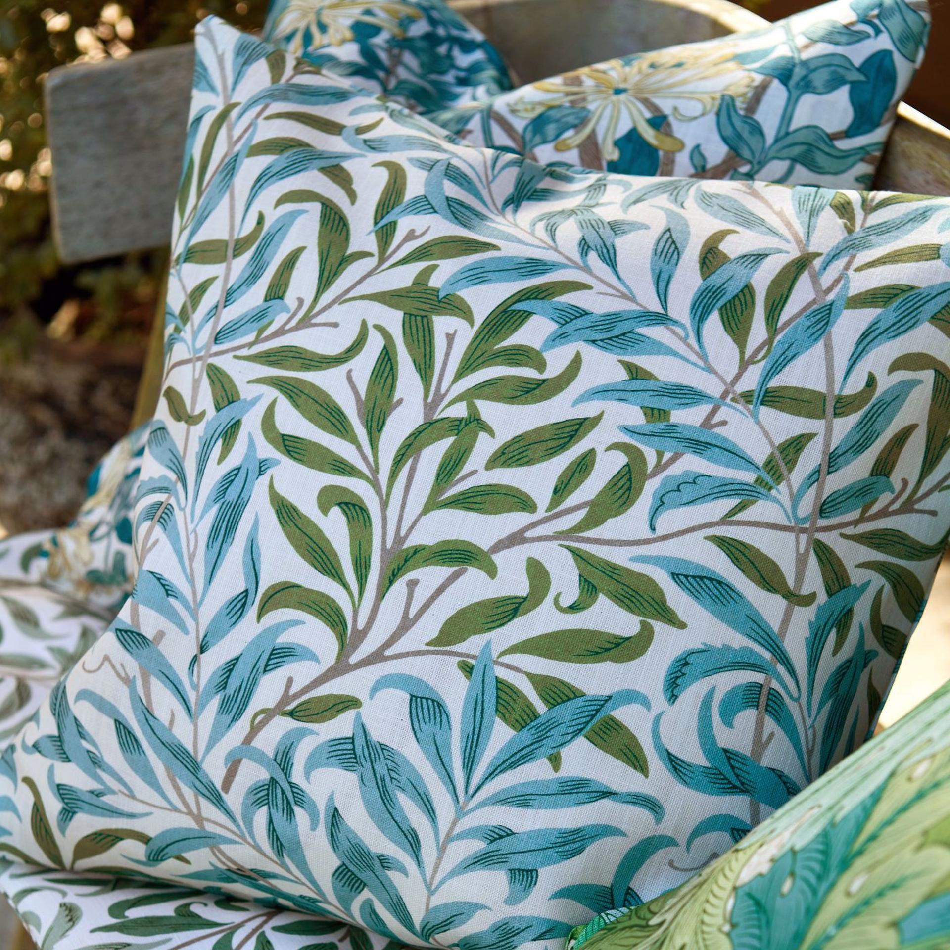 Morris and Co Willow Bough outdoor fabric Nettle Sky Blue, performance upholstery fabric with willow leaf pattern, UV resistant, water repellent fabric for patio furniture, cushions, and indoor outdoor home décor.