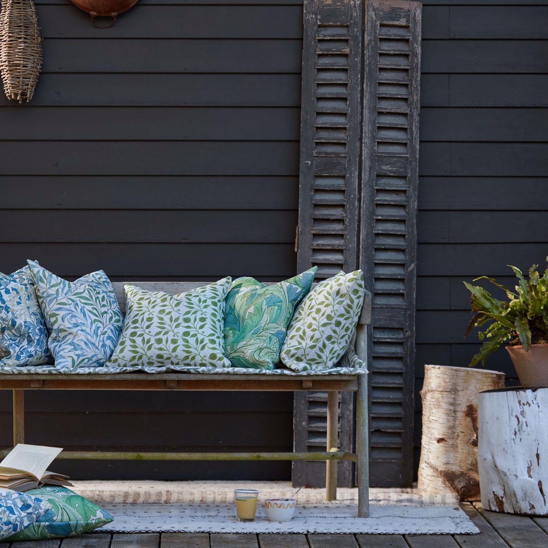 Morris and Co Willow Bough outdoor fabric Nettle Sky Blue, performance upholstery fabric with willow leaf pattern, UV resistant, water repellent fabric for patio furniture, cushions, and indoor outdoor home décor.