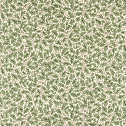Beige fabric with dense green oak-leaf botanical pattern; vintage jacquard-style textile.