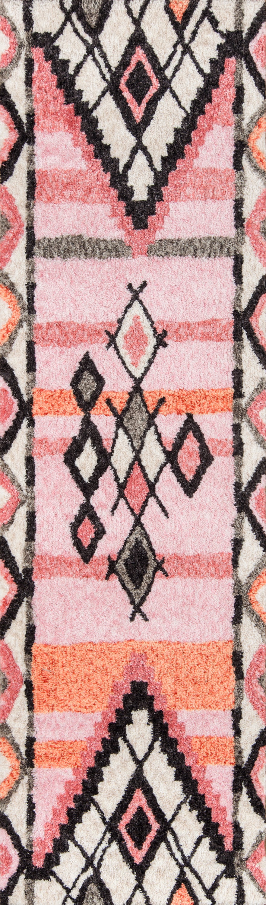 Pink and cream geometric rug with black diamond lattice and coral stripes, tribal boho style.