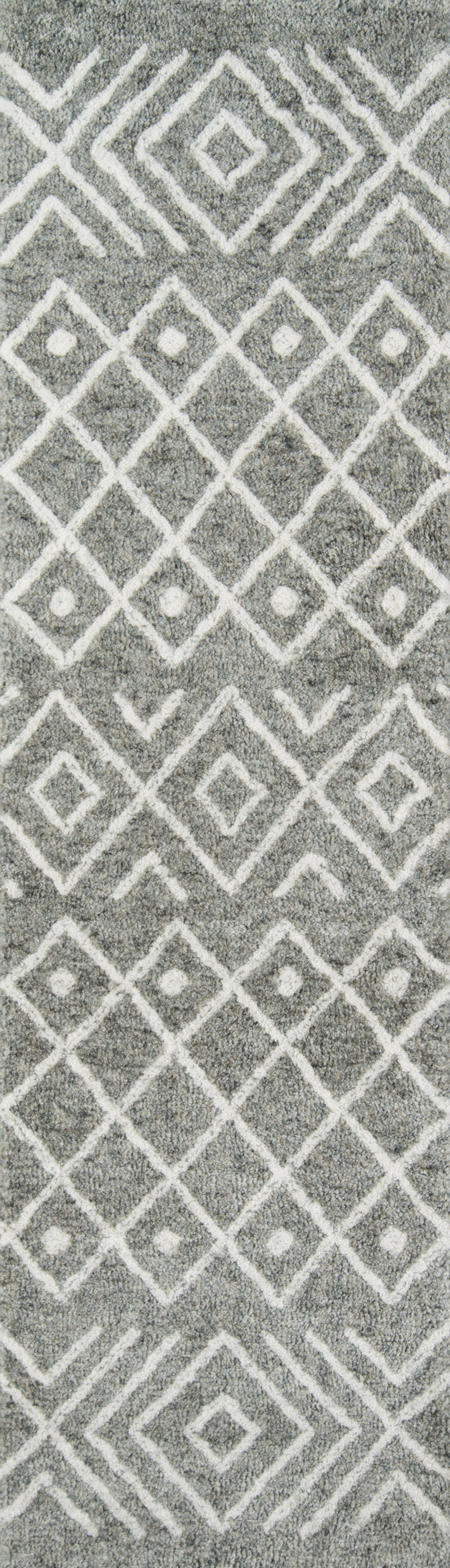 Gray shag area rug with a white diamond lattice pattern; plush, textured surface for a modern living space.