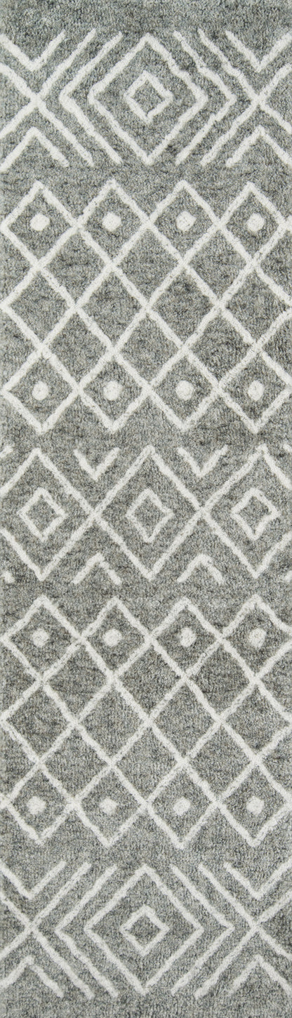 Gray shag area rug with a white diamond lattice pattern; plush, textured surface for a modern living space.