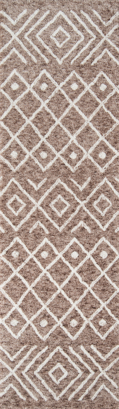 Taupe shag rug with white geometric diamond lattice pattern; plush, modern boho style.