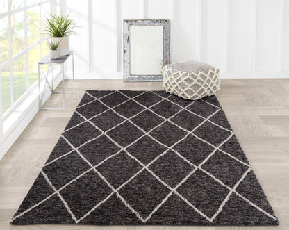Plush dark gray rug with white diamond lattice, pouf, framed mirror, and plant on metal side table in bright sunlit room.