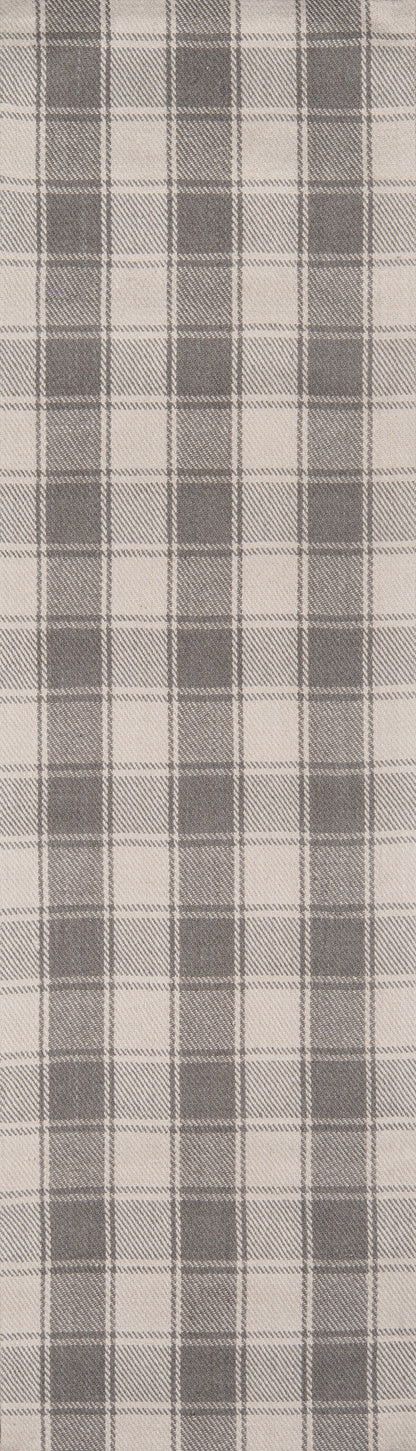 Gray & ivory plaid woven rug with a bold check pattern; 5' x 8'.