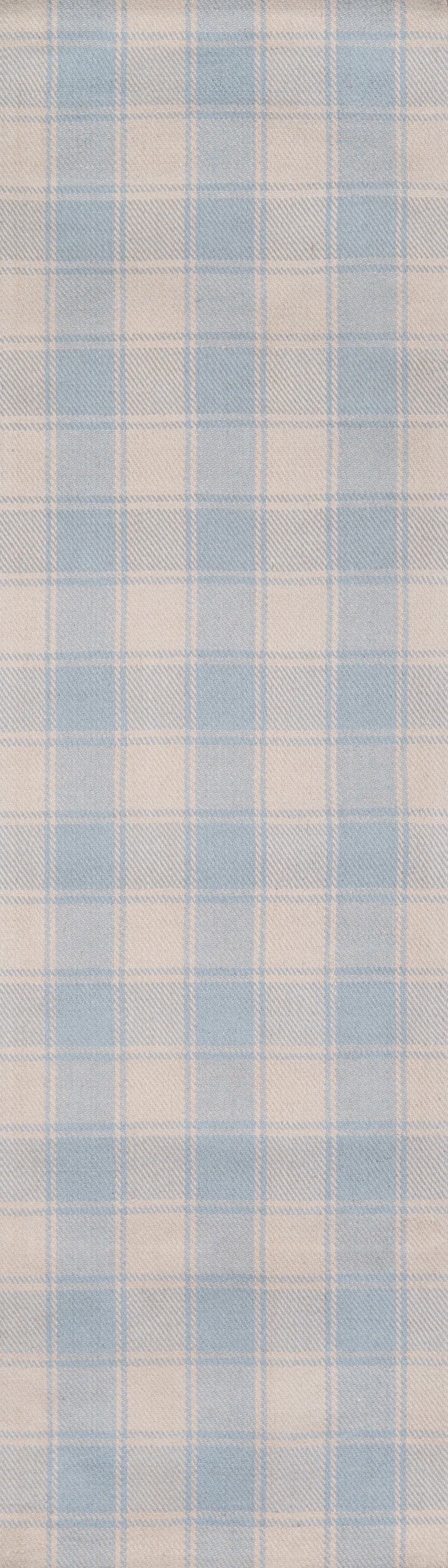 Light blue and white plaid woven fabric swatch with a classic check pattern.