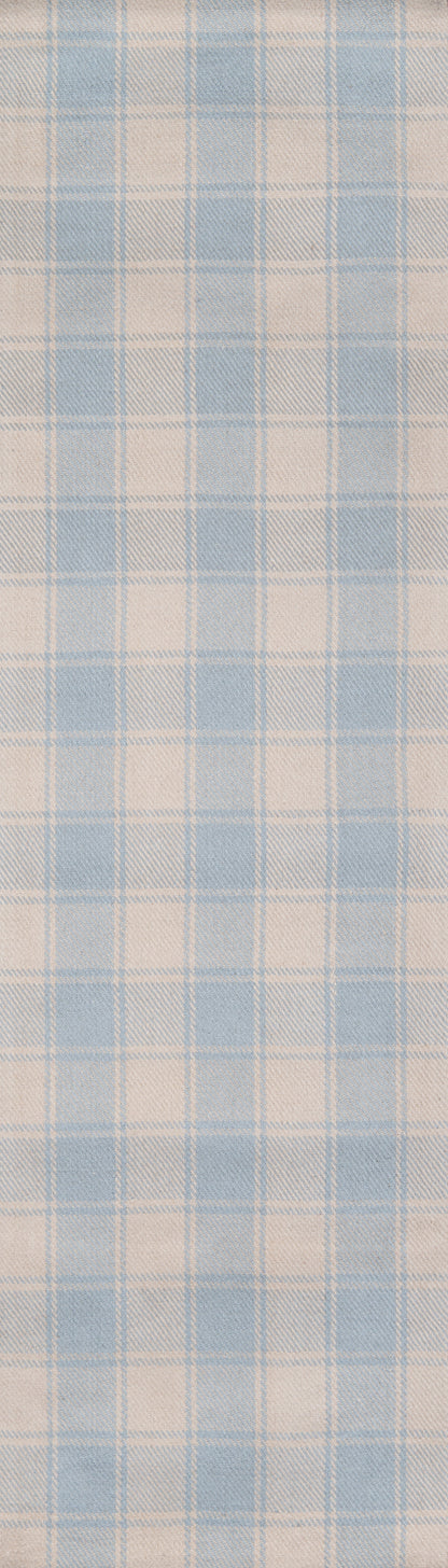 Blue and cream plaid cotton fabric with large check pattern, soft woven texture for shirts or bedding.