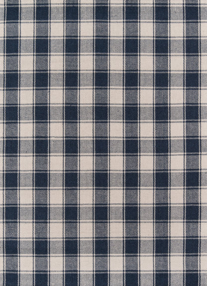 Navy blue and white plaid fabric with regular square checks in a gingham style, ideal for shirts or crafts.
