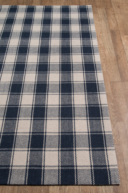 Navy blue and beige plaid woven area rug on wood floor; rectangular with a large check pattern.