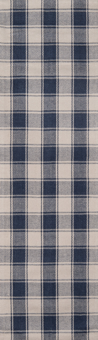 Navy and cream plaid wool-blend fabric in a large check pattern; ideal for shirts or upholstery.