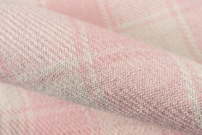 Soft pink and ivory woven plaid runner rug with a textured weave, 2' x 8'.