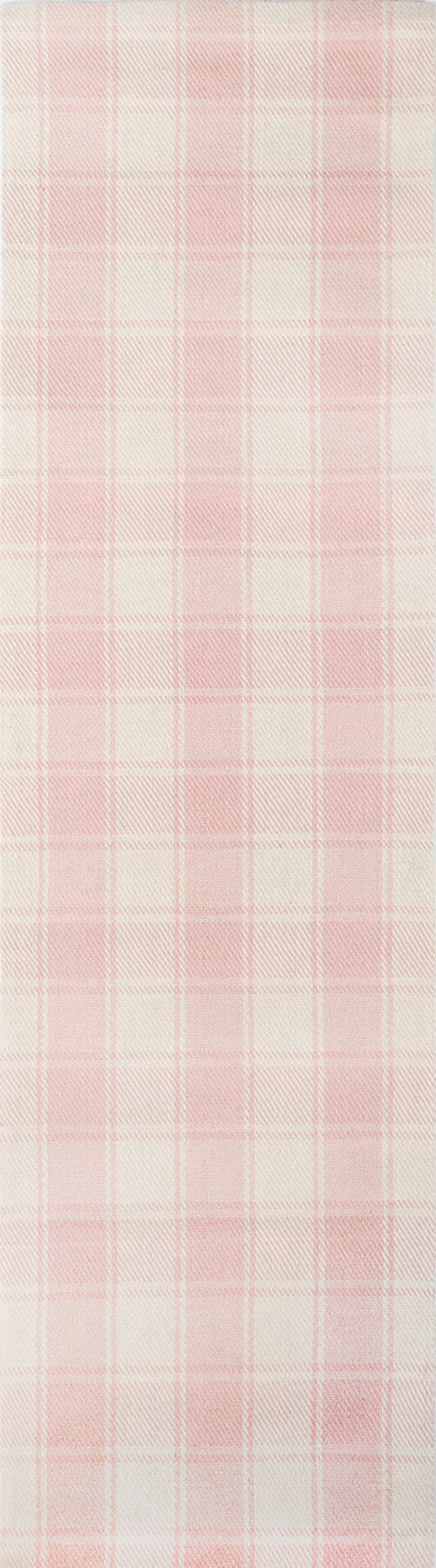 Soft pink & cream plaid rug with woven texture & large check pattern.