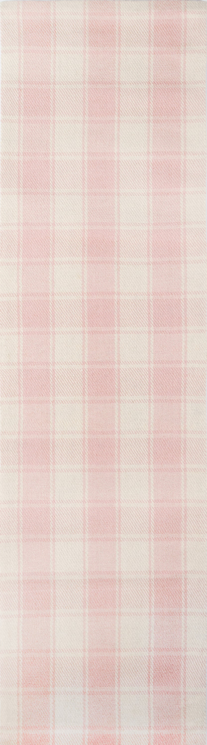 Soft pink and ivory plaid rug with a classic check pattern, 5' x 8'.
