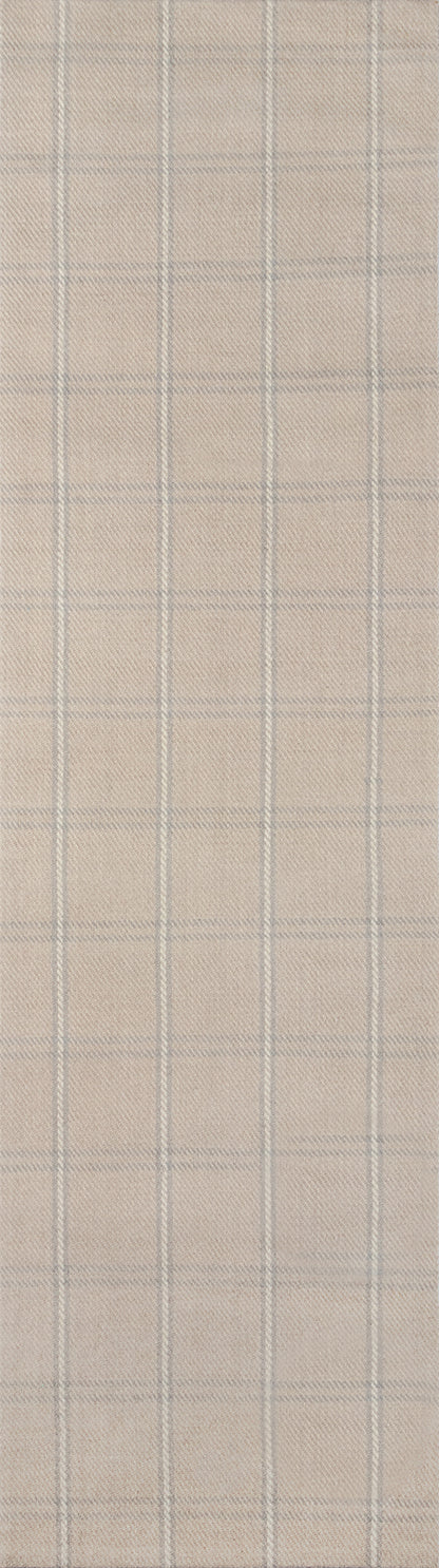 Beige wool-blend rug with a light gray windowpane plaid pattern.