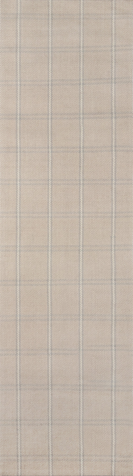 Beige woven rug with a light gray plaid pattern.