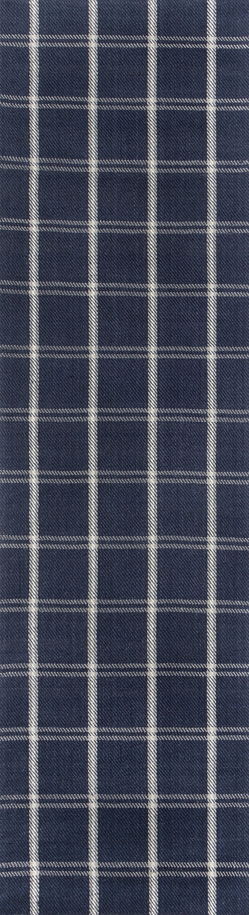Navy blue windowpane plaid rug with white grid lines, woven textile.
