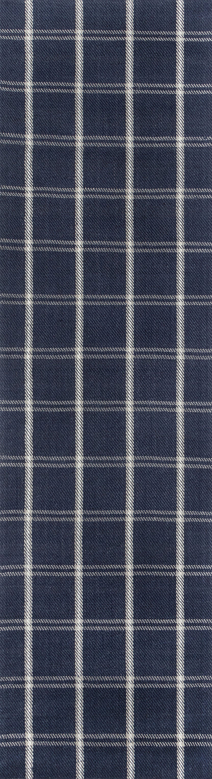 Navy blue windowpane plaid rug with white grid lines, woven textile.