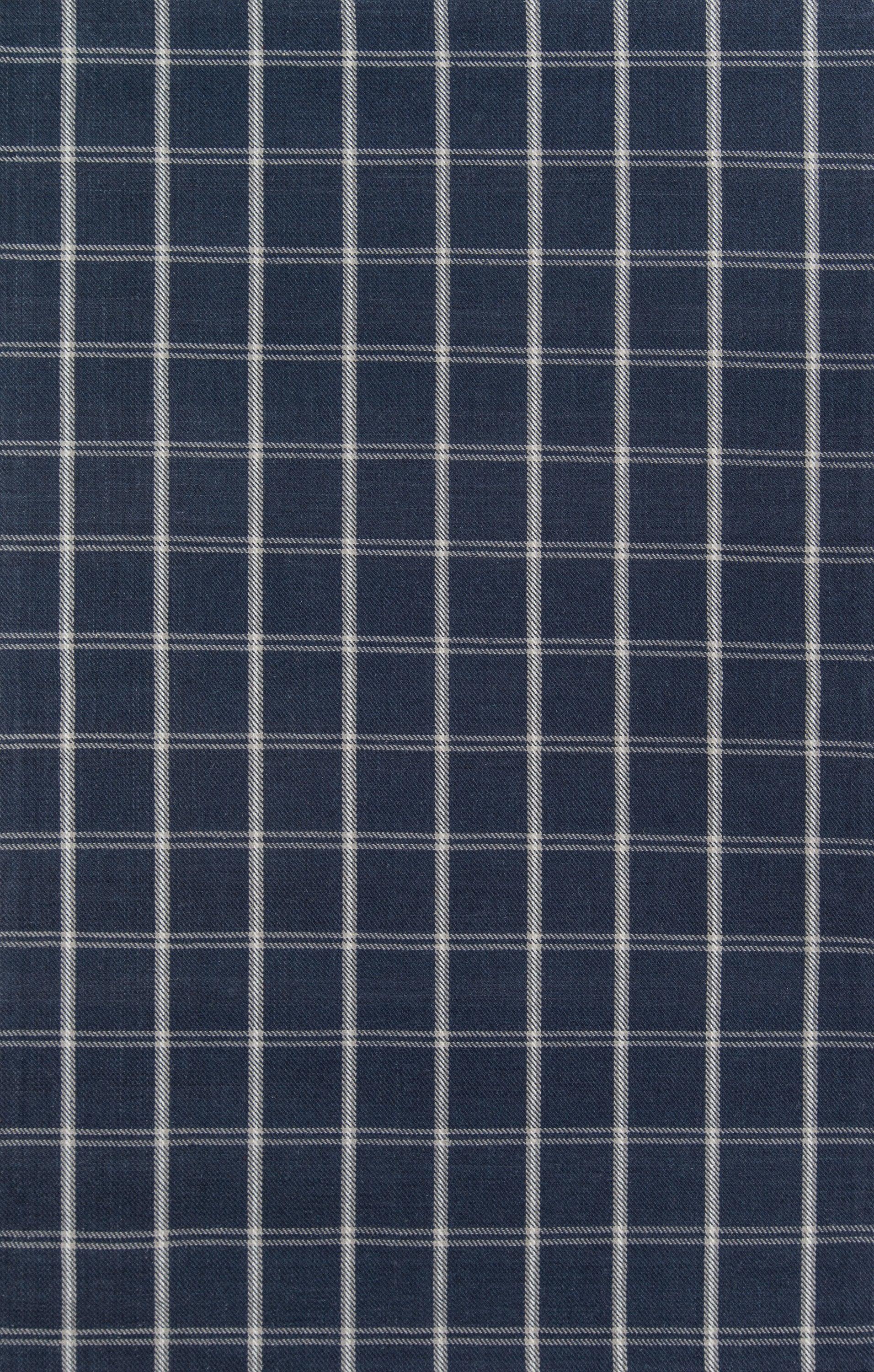 Navy blue and white gingham fabric with a small square grid pattern and woven texture.