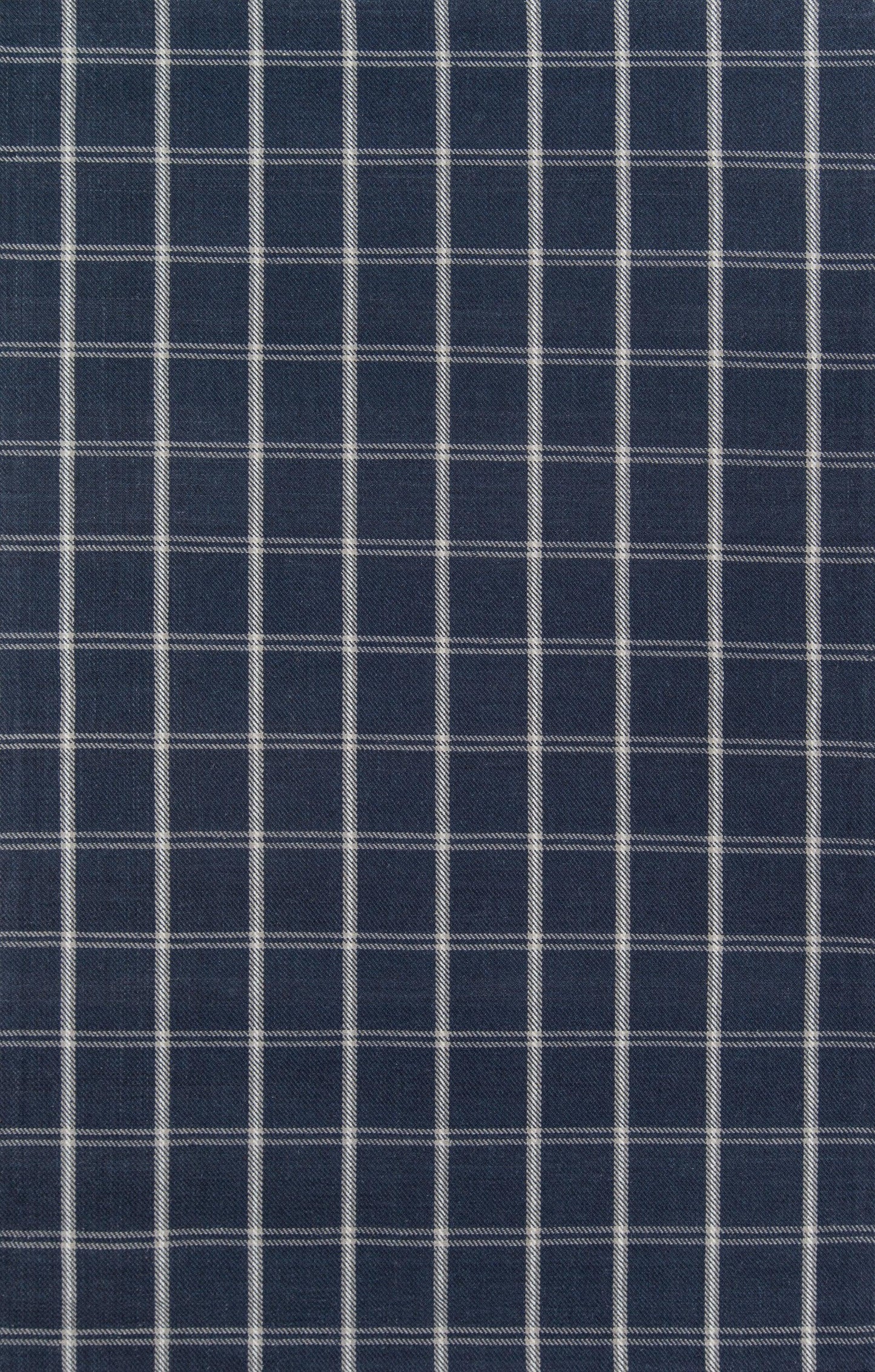 Navy blue gingham fabric with white grid checks; lightweight cotton-like material, ideal for shirts.