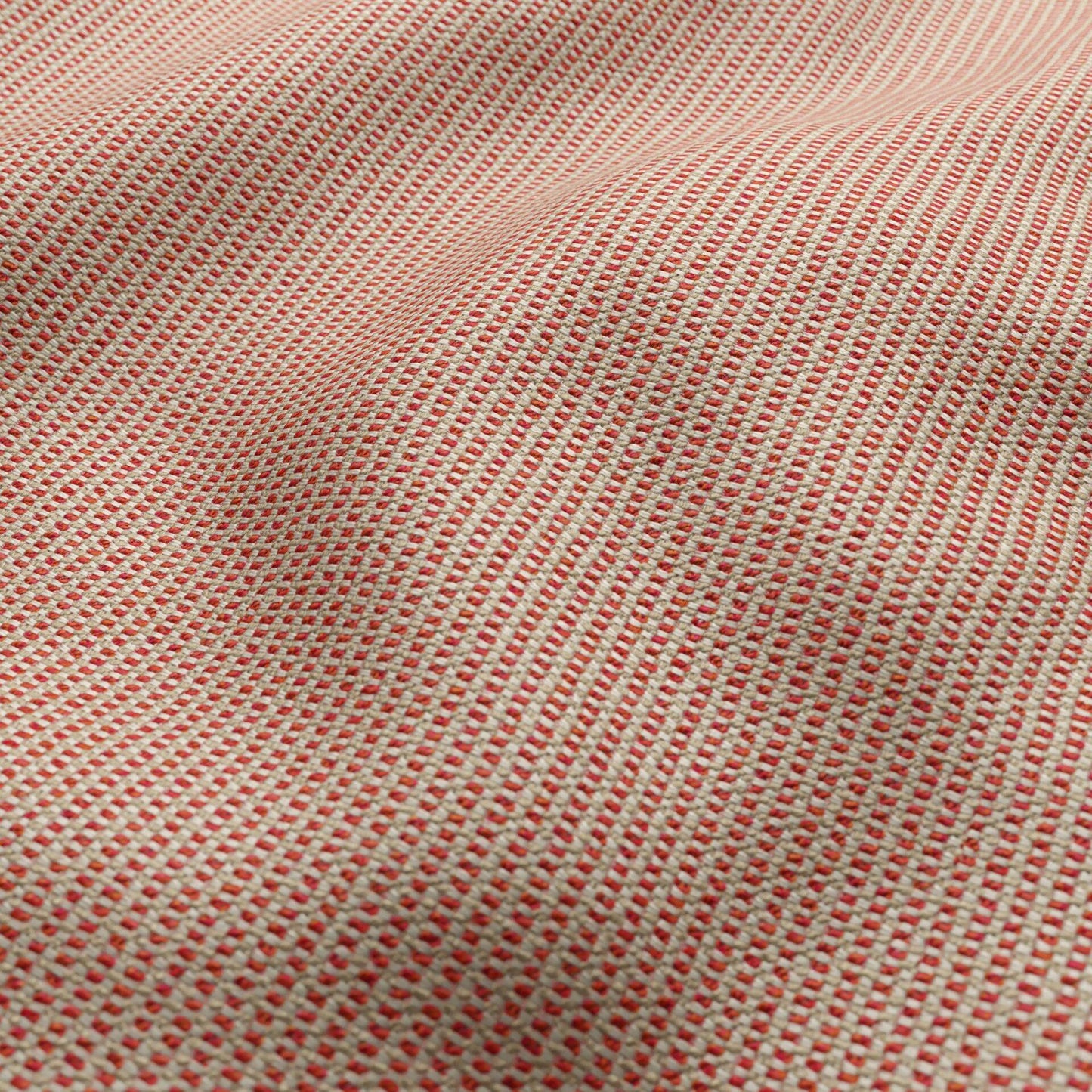Close-up of red and cream basketweave outdoor fabric with a boucle texture.