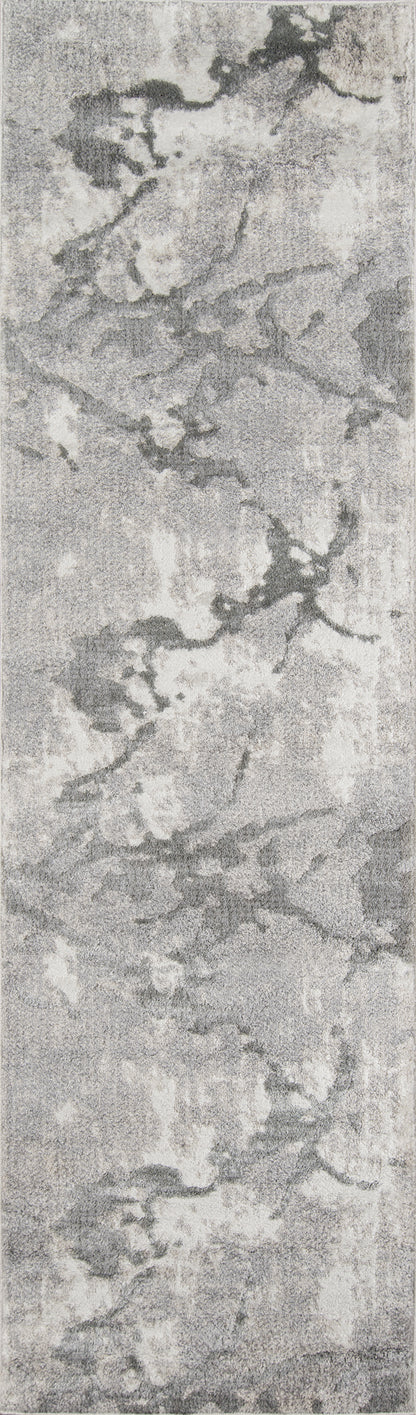 Gray abstract area rug with marbled pattern in light and dark gray tones, contemporary style.