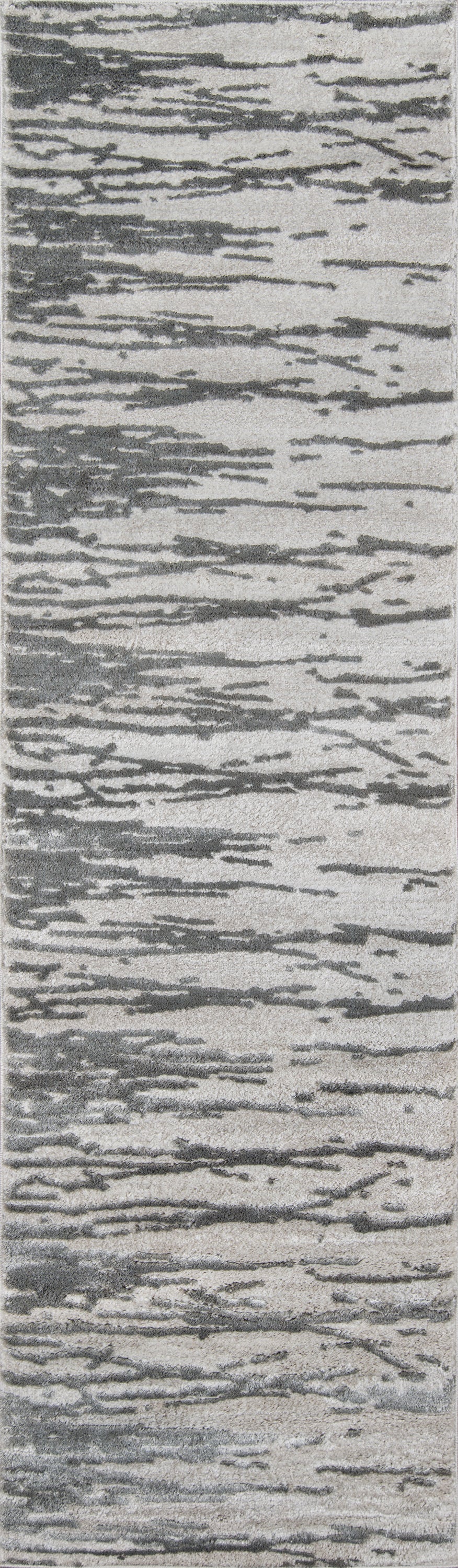 Rectangular gray rug with abstract charcoal and light-gray linear pattern and soft textured finish, 2' x 3'.