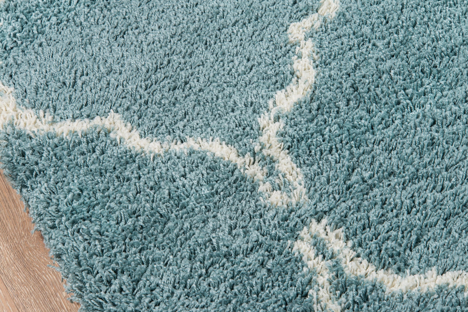 Teal plush shag rug with cream curved lines on a wooden floor.