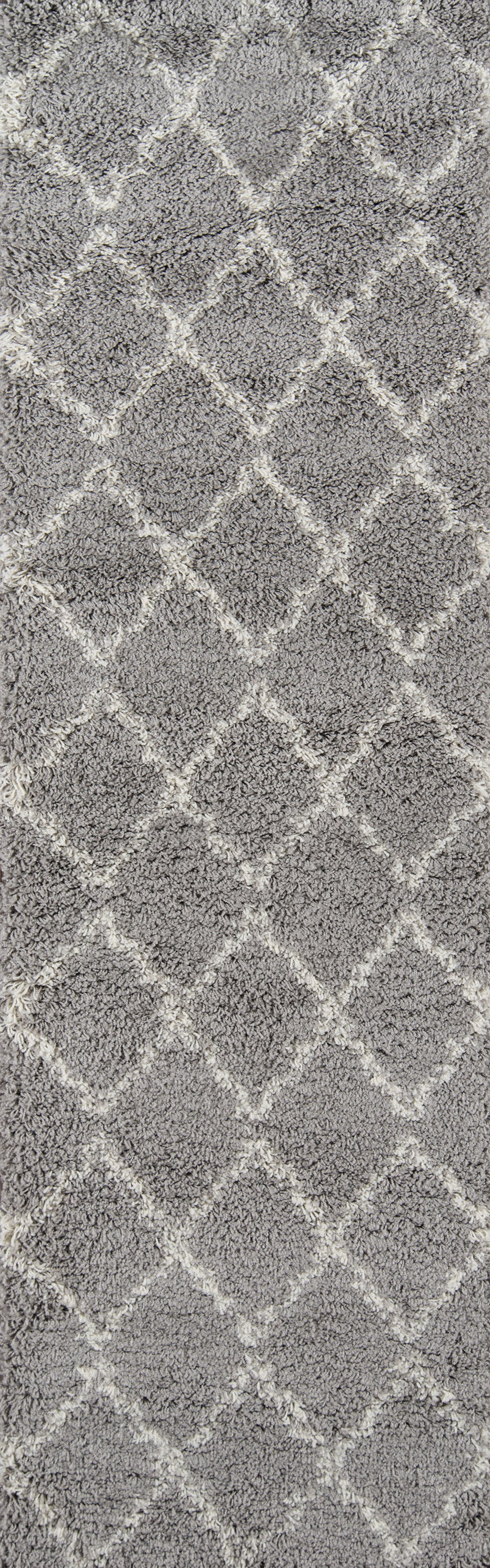 Grey shag rug with a white diamond lattice pattern; plush textured pile for living room decor.