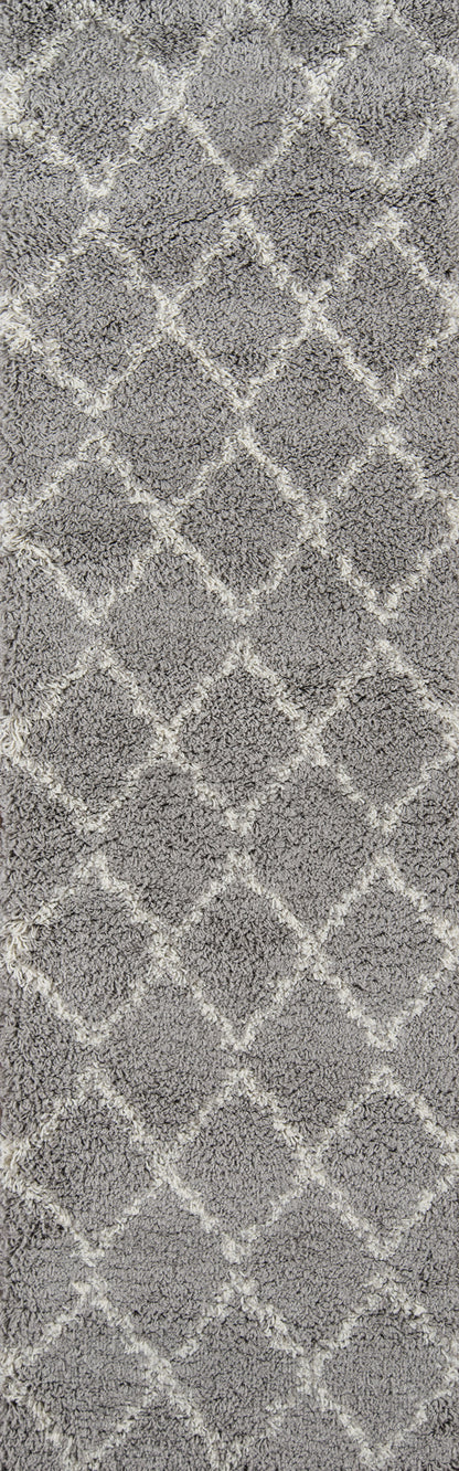 Grey shag rug with a white diamond lattice pattern; plush textured pile for living room decor.