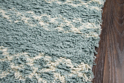 Teal shag rug with cream stripes on dark wood floor; plush texture, modern cozy living room style.