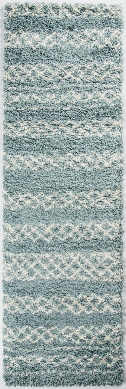 Blue shag rug with ivory stripes and geometric pattern; plush fluffy pile, rectangular area rug for living spaces.