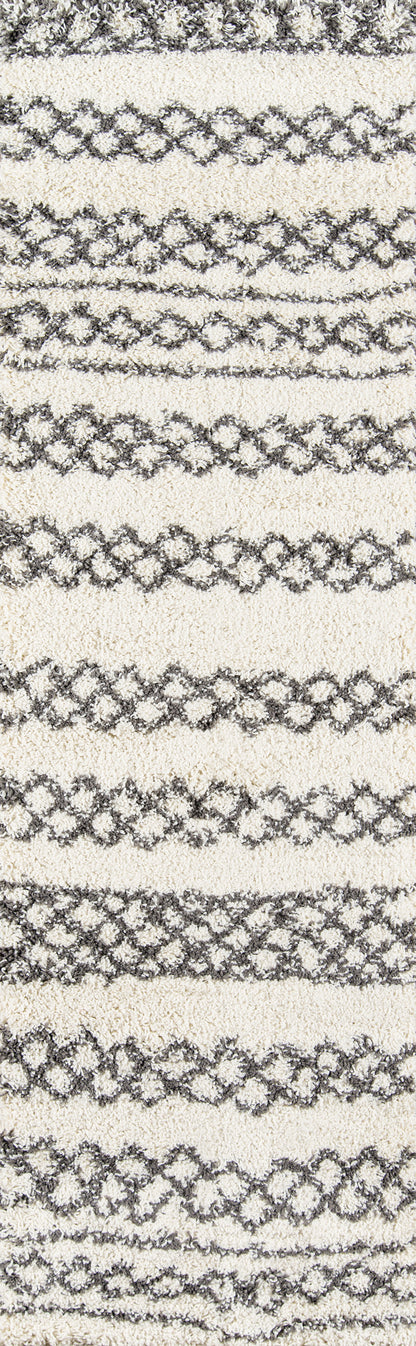 Cream shag runner rug with dark gray lattice stripes and plush, textured pile.