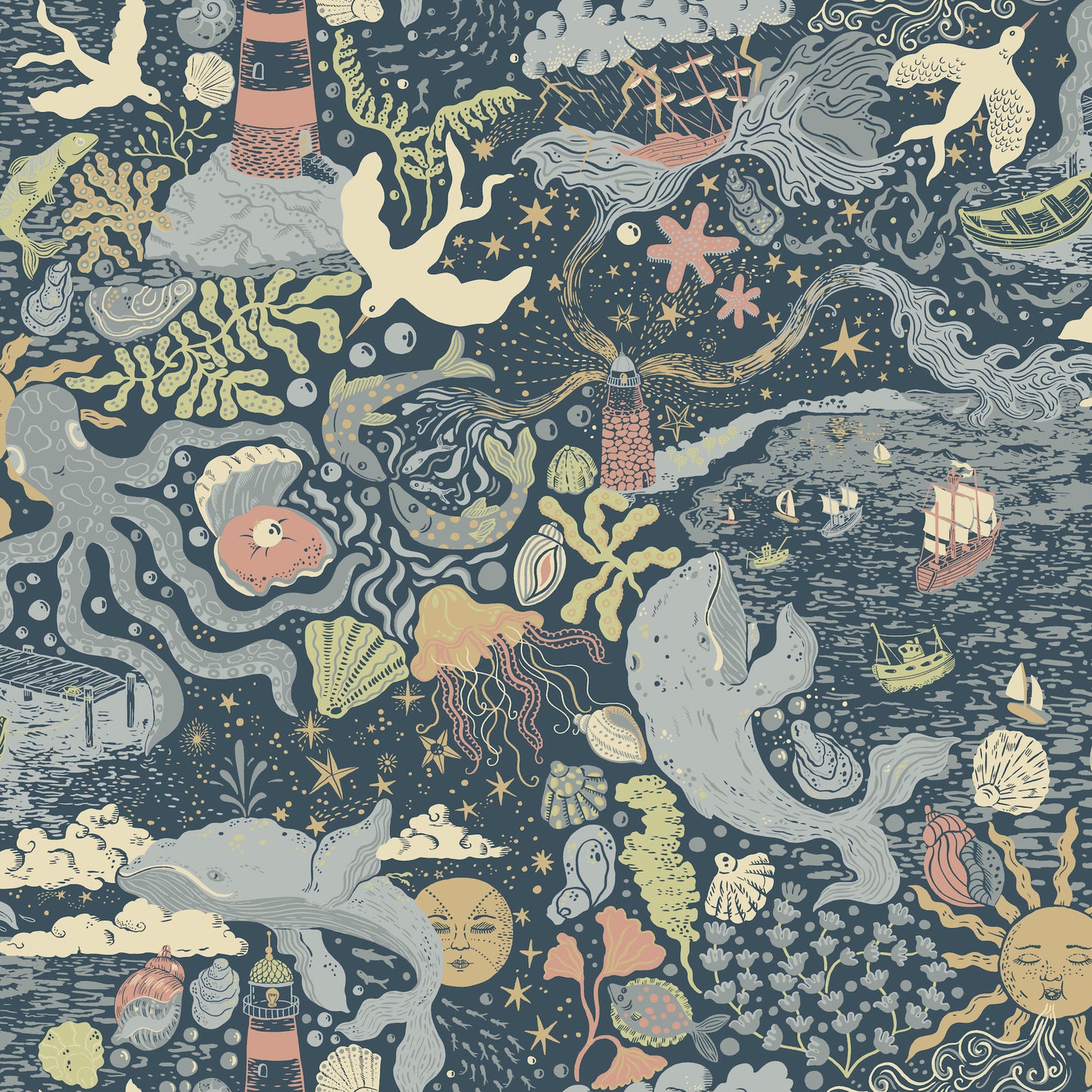 York Wallcoverings Daydream Havet Dark Blue Wallpaper Whimsical Animals and Insects Blues   - MB29018