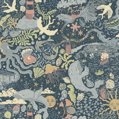 York Wallcoverings Daydream Havet Dark Blue Wallpaper Whimsical Animals and Insects Blues   - MB29018